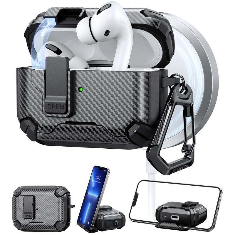 Mulifunctional Earphone Case with Holder ，Anti-Fall Protective Earbuds Case ,Generation Case with Secure Lock,Full Body Shockproof Hard Protective Cover for Airpods Pro 2, 3，1/2 ，Pro,Airpods 4 .In Earheadphone Pouch ,Earbuds Case,Duarable